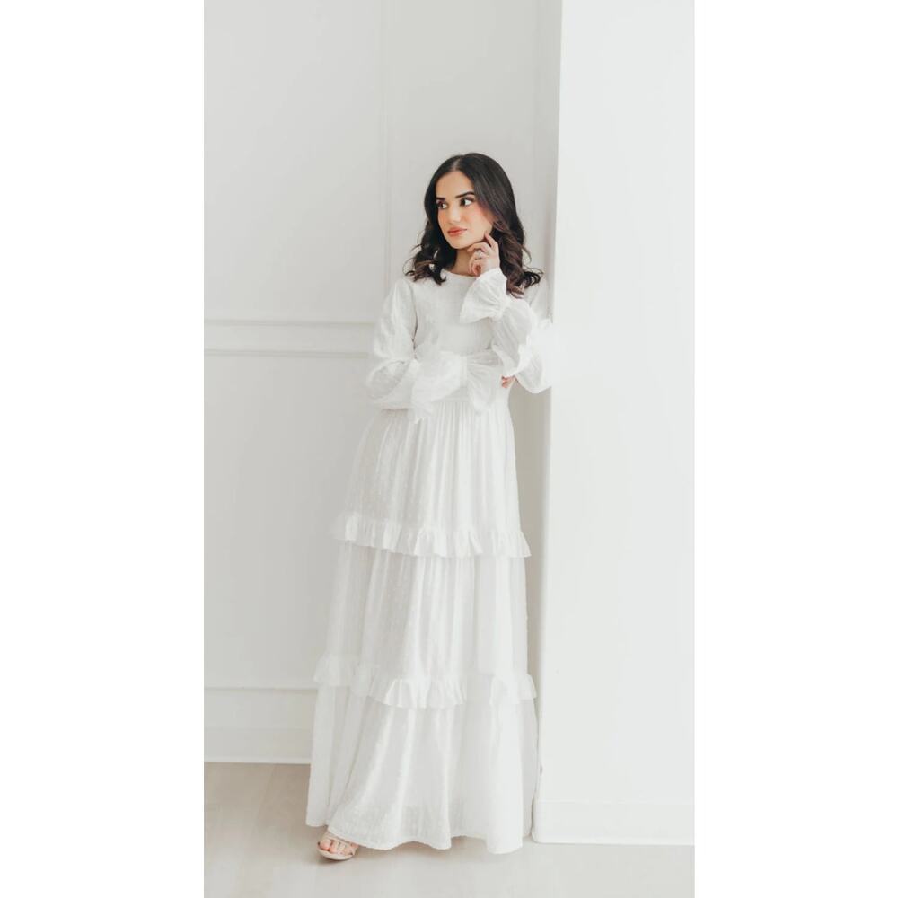 Gorgeous tiered ruffled cotton long sleeve swiss dot & white lace dress by Elaa